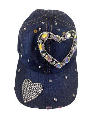 Denim Sparkle Hat Rhinestone Heart Bling Embellished Adjustable Frayed Cap